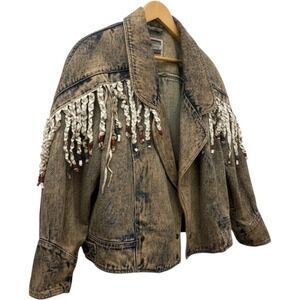 Vintage 80s Stefano International Western Acid Wash Denim‎ Fringe Jacket